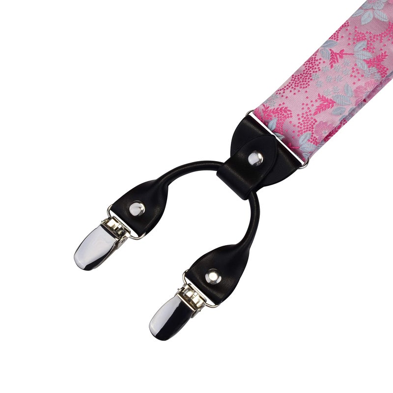 GUSLESON Pink Flora Suspenders for Men Wedding Silk Pre-tied Bow Tie and Pocket Square Set(0102-04) - Image 5